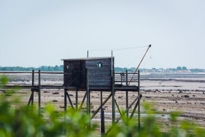 A wooden fishing hut stands on stilts.