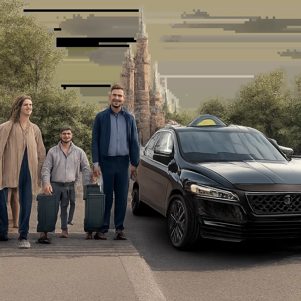 Un taxi confortable attend une famille avec bagages près de Disneyland Paris. L’image illustre un transfert simple, fiable et rassurant vers le parc, les hôtels, Paris ou les aéroports.